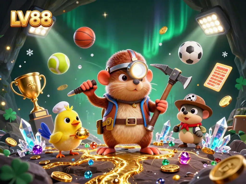 Join the excitement of LV88 gaming with this vibrant illustration showcasing treasure hunters, sports elements, and golden rewards.