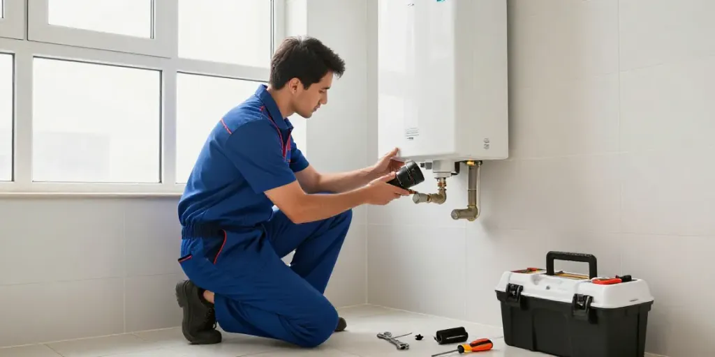 Licensed plumber in Rapid City SD inspecting a water heater installation in a bright bathroom.