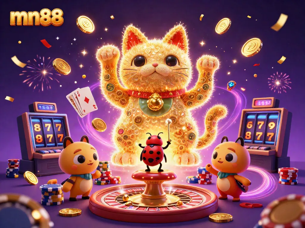 Experience the magic of mn88 with a vibrant golden lucky cat surrounded by thrilling casino symbols.