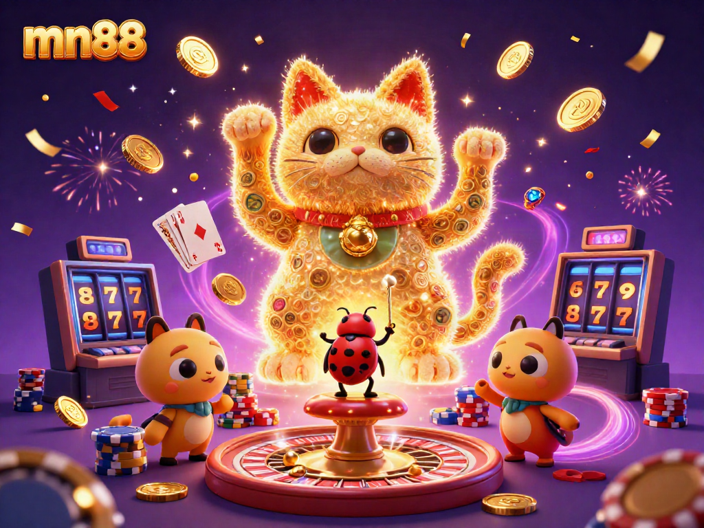 Experience the magic of mn88 with a vibrant golden lucky cat surrounded by thrilling casino symbols.