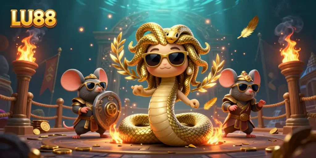 Engage in thrilling betting at LU88, surrounded by whimsical characters and exciting casino elements.