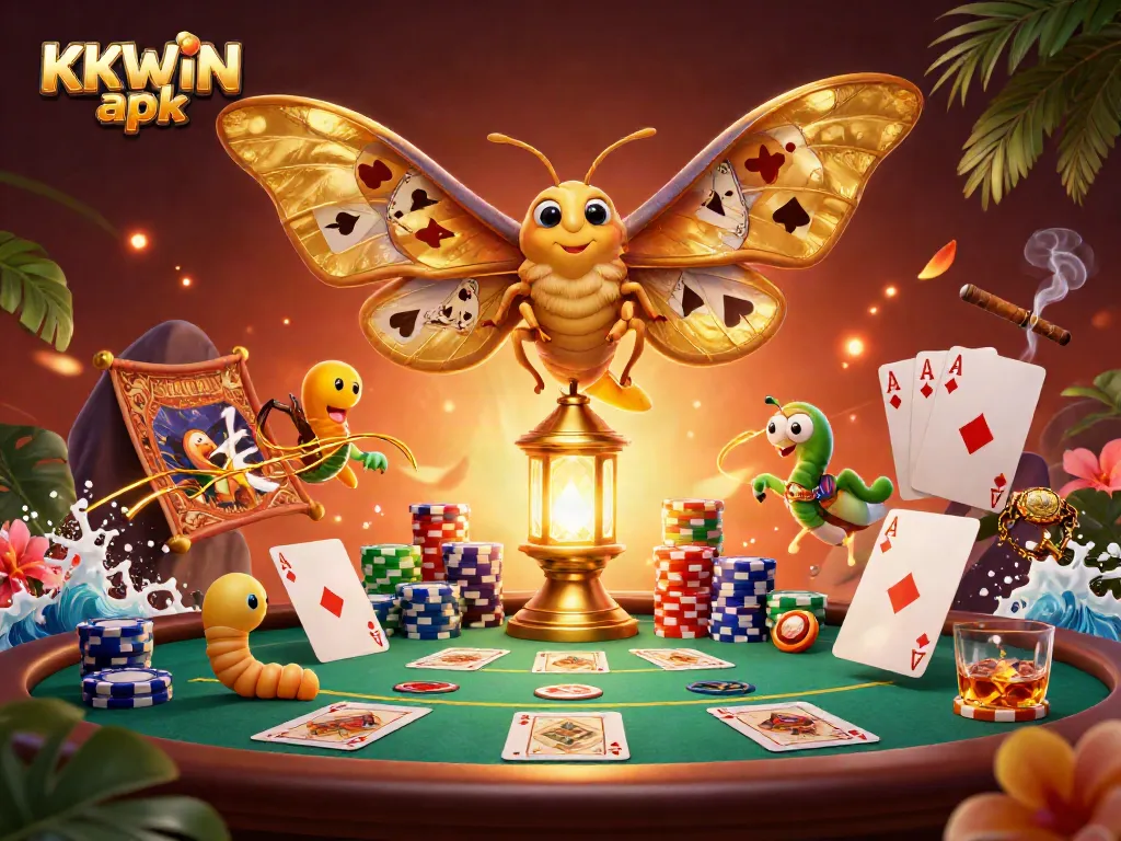 Engage with KKWIN apk, showcasing vibrant casino themes and golden moth elements in 3D.