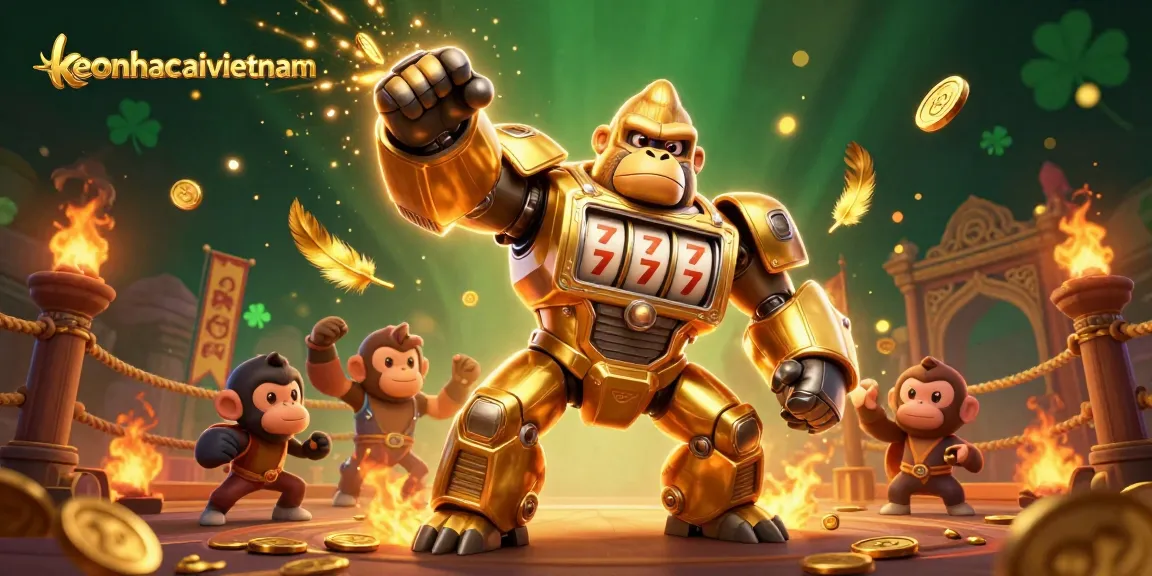 Experience the energetic gameplay of keonhacaivietnam with a dynamic golden gorilla mech bursting with coins.