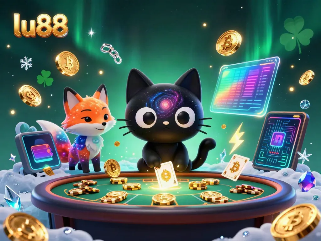 Experience winning with lu88 at a vibrant cosmic casino table featuring animated characters and cryptocurrency elements.