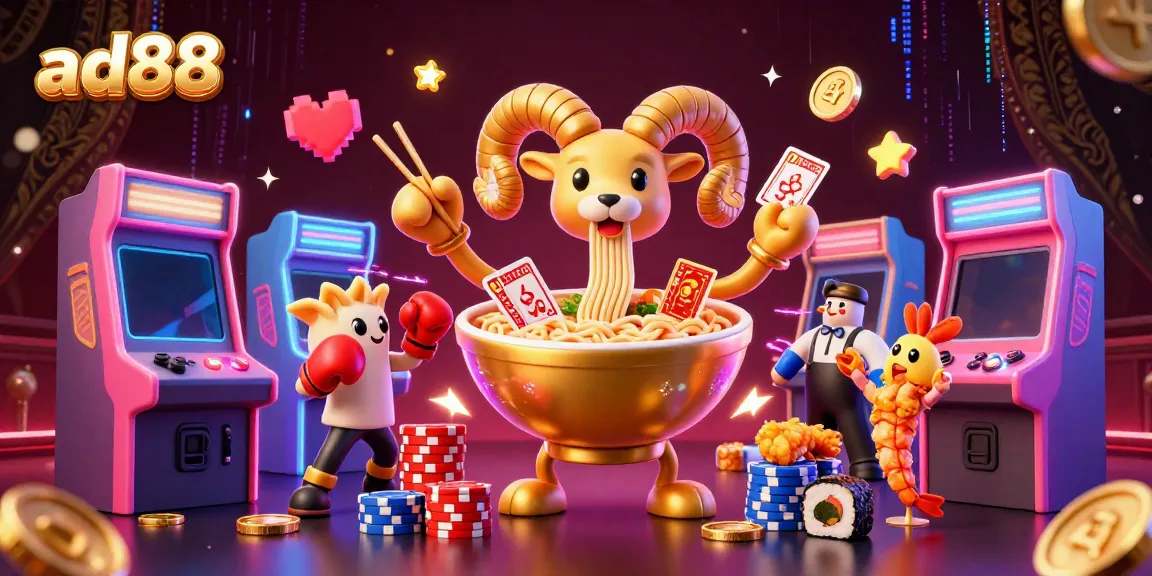 Engage with ad88's vibrant casino gaming experience featuring unique characters dealing cards and stacking chips.