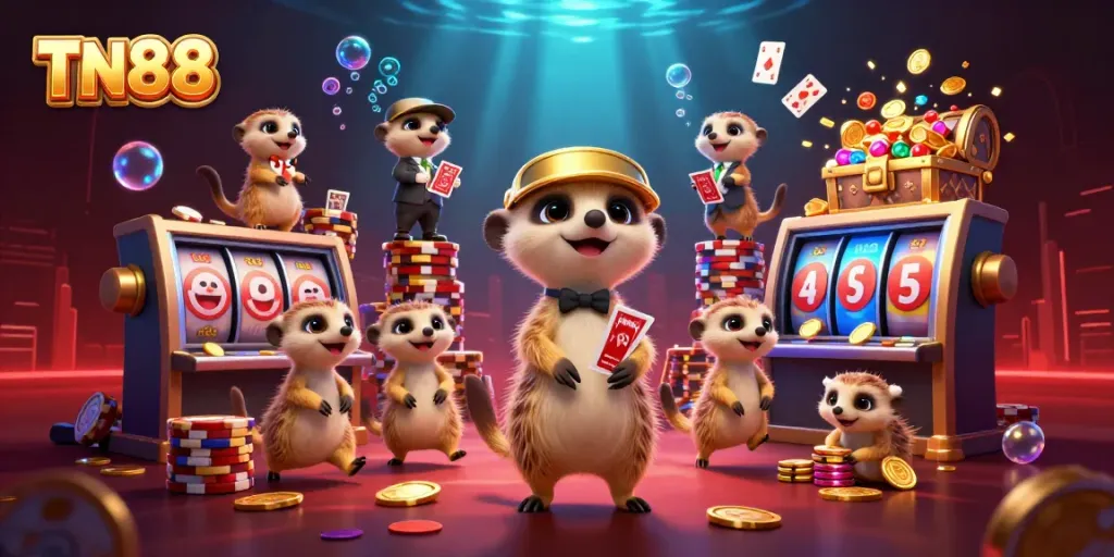 Experience thrilling gaming at TN88's bustling casino scene with entertaining meerkats and dynamic slot machines.