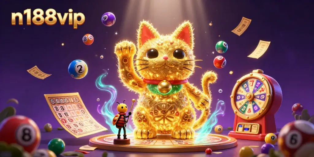 Engage with n188vip's exciting 3D casino experience featuring a golden lucky cat and vibrant lottery elements.