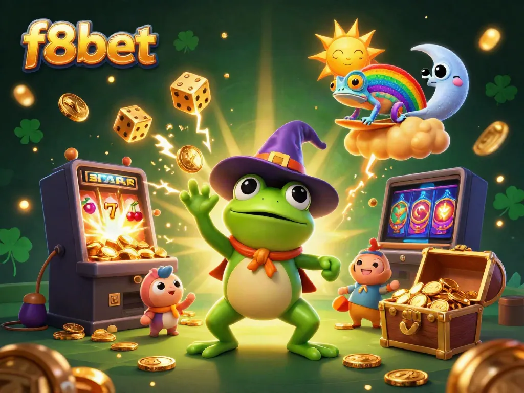 Experience the magic of f8bet with a whimsical storm of coins, slot machines, and playful spirits.