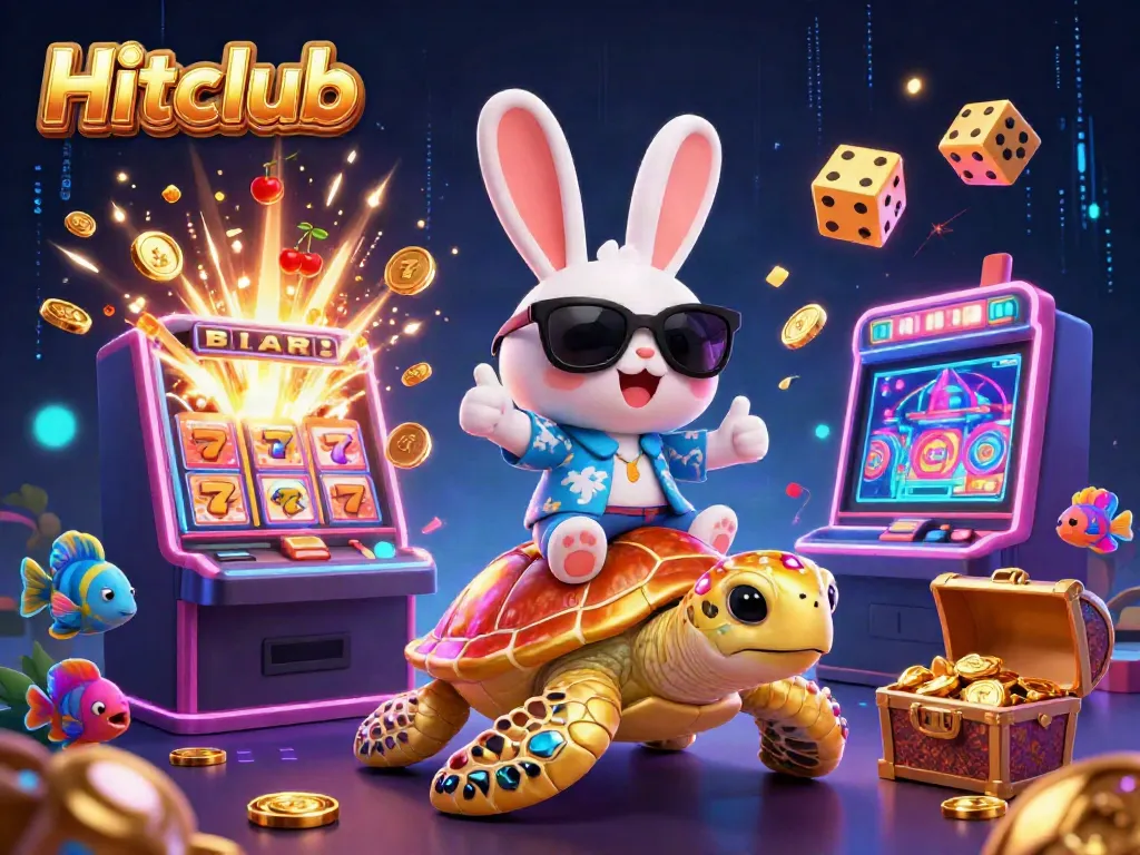 Hitclub slots and winning adventures with a colorful rabbit and golden turtle gaming scene.