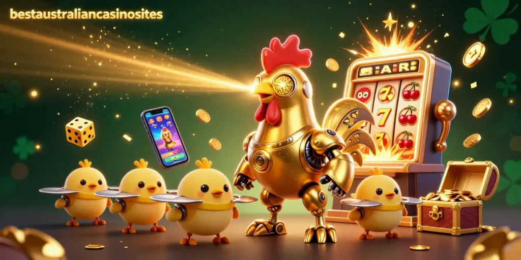 Engage with bestaustraliancasinosites while winning on booming pokies with a golden rooster robot and flying symbols.