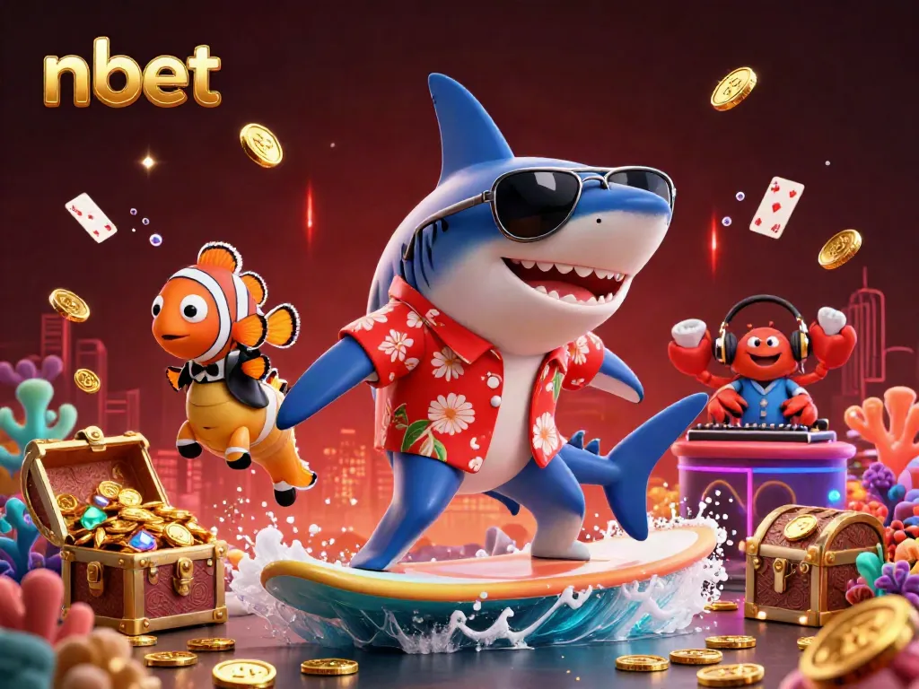 Engage with nbet's vibrant 3D illustration of a lively casino scene featuring a shark, clownfish, and crab amidst shimmering gold coins.