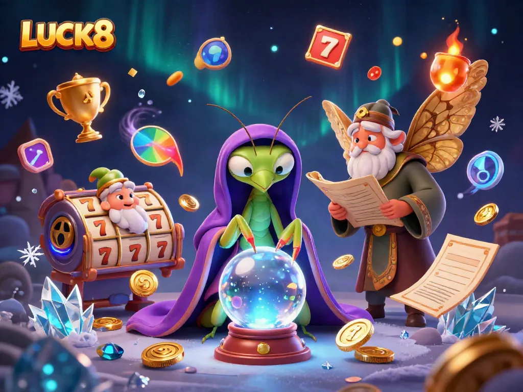 LUCK8 captivating online casino scene with mystical elements and dynamic game symbols.