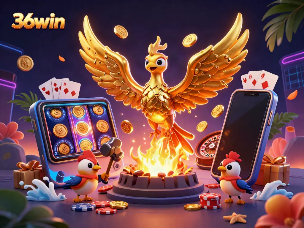 Experience thrilling gameplay at 36win with a dynamic portrayal of a golden phoenix and gaming elements.