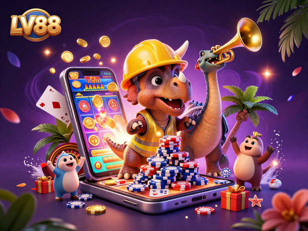 LV88 showcases a celebration with characters building poker chips while surrounded by vibrant casino elements.