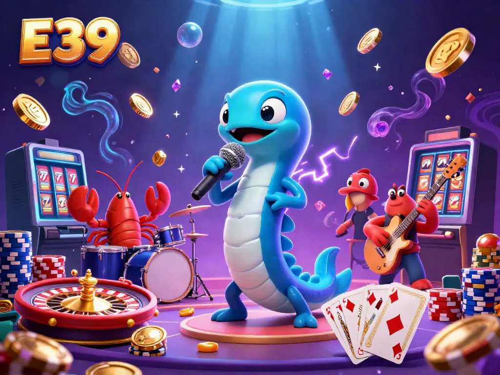 Experience the electrifying underwater casino scene with E39 featuring vibrant characters and dazzling game elements.