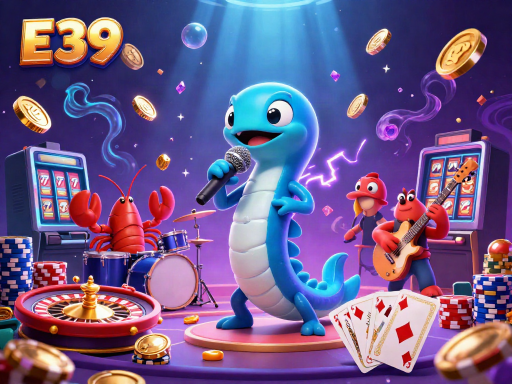 Experience the electrifying underwater casino scene with E39 featuring vibrant characters and dazzling game elements.
