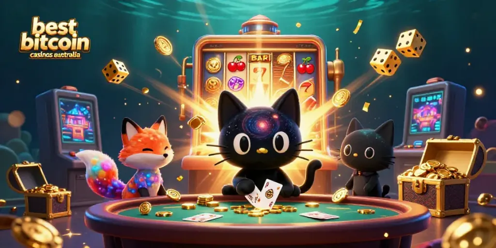 Engage with the best bitcoin casinos in Australia showcased through vibrant cosmic characters and casino elements.