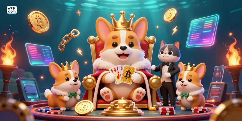 Experience the vibrant v79 com casino world with a royal corgi surrounded by Bitcoin and Ethereum elements.