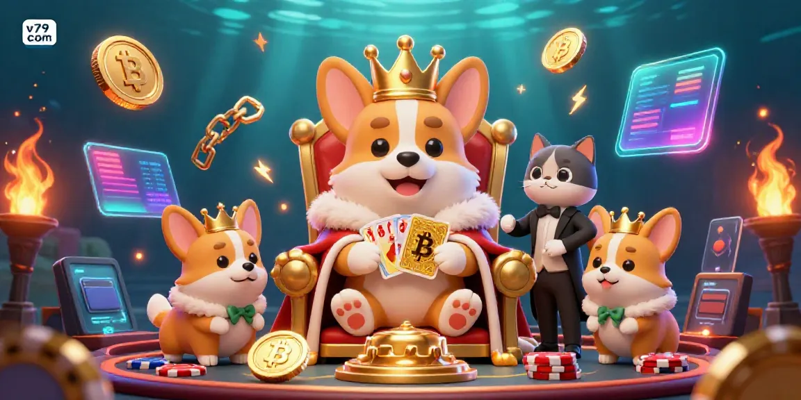 Experience the vibrant v79 com casino world with a royal corgi surrounded by Bitcoin and Ethereum elements.