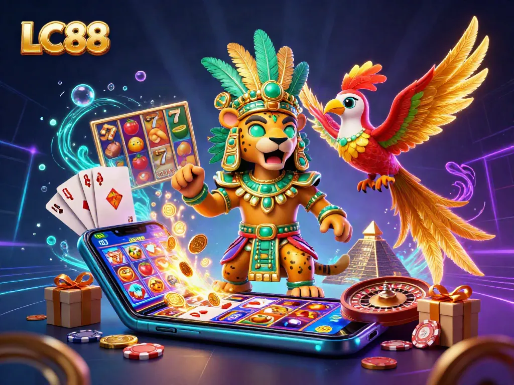 Experience the thrilling LC88 slots with vibrant neon visuals and interactive game elements.