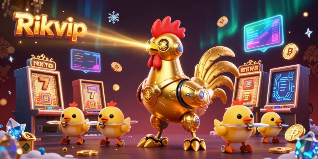 Experience thrilling gaming with Rikvip in a dynamic scene of golden rooster robot and baby chick drones, amidst vibrant casino symbols.
