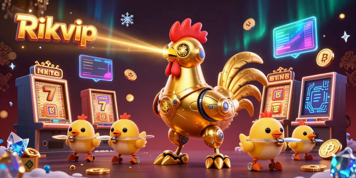 Experience thrilling gaming with Rikvip in a dynamic scene of golden rooster robot and baby chick drones, amidst vibrant casino symbols.