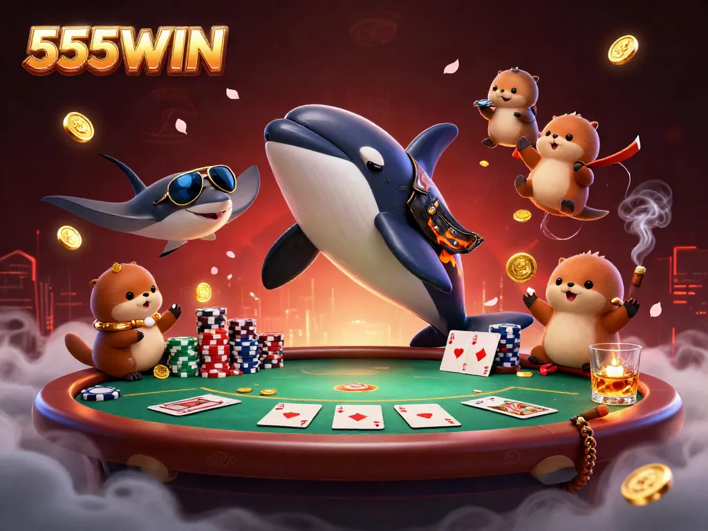 Engaging illustration showcasing 555WIN with an orca in leather jacket, sea otters, and poker elements.