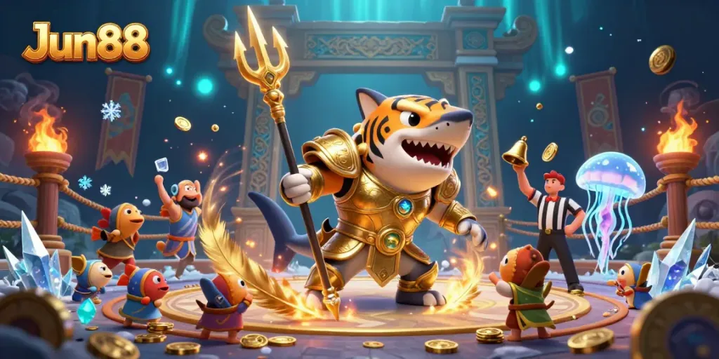 Engage in thrilling underwater casino action with Jun88, featuring a gladiator shark and vibrant gaming elements.