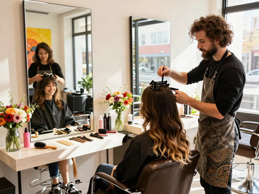 Client receiving hair extensions at a vibrant salon, showcasing hair transformation.