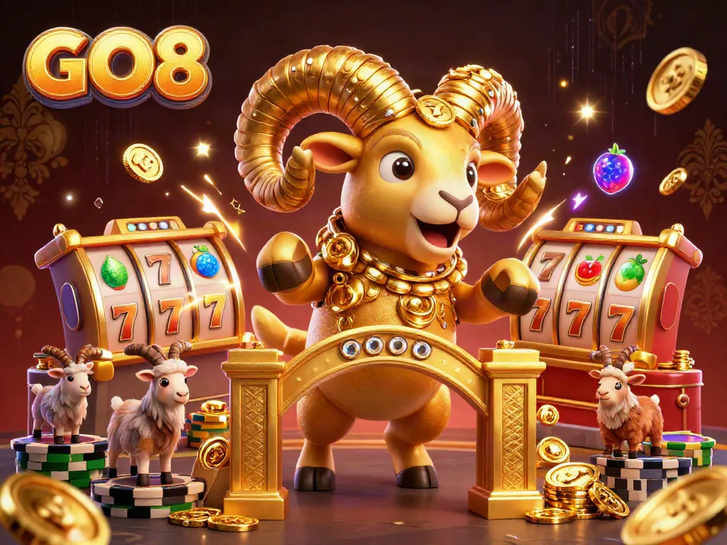 Experience the thrill of GO8 online casino with an electrifying 3D golden ram charging through a vibrant gaming scene.