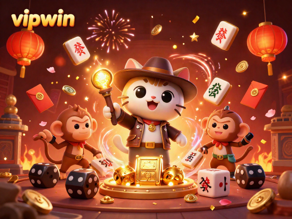 Join the adventure at vipwin with a cat explorer and a monkey in a vibrant 3D casino scene.