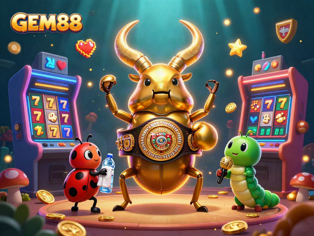 Experience the GEM88 slots action with a dynamic boxing scene featuring a golden stag beetle and colorful gaming elements.
