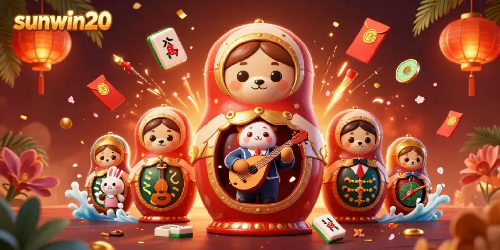Experience exciting gameplay on sunwin20 with a vibrant 3D casino-themed illustration featuring unique characters and symbols.