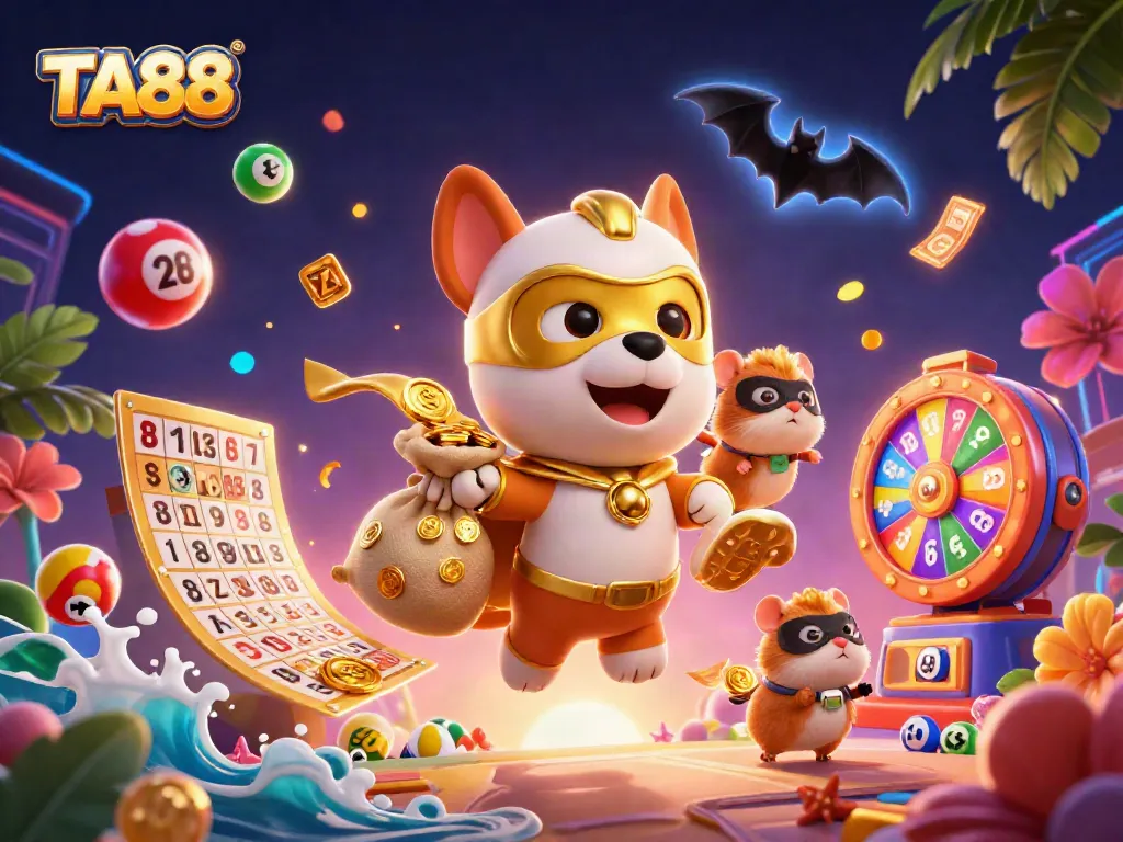 Join the excitement with TA88 as a superhero dog carries gold coins in a vibrant casino world.
