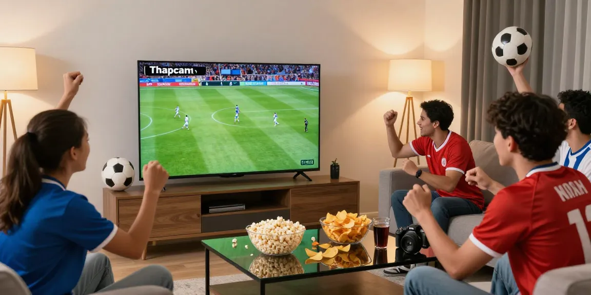 Friends enjoying a football match on Thapcamtv in a lively living room.