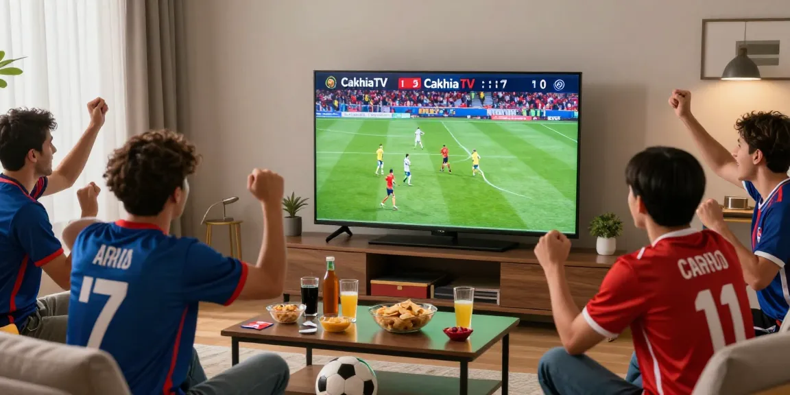 Cakhiatv soccer fans cheering in a vibrant living room during a live match.