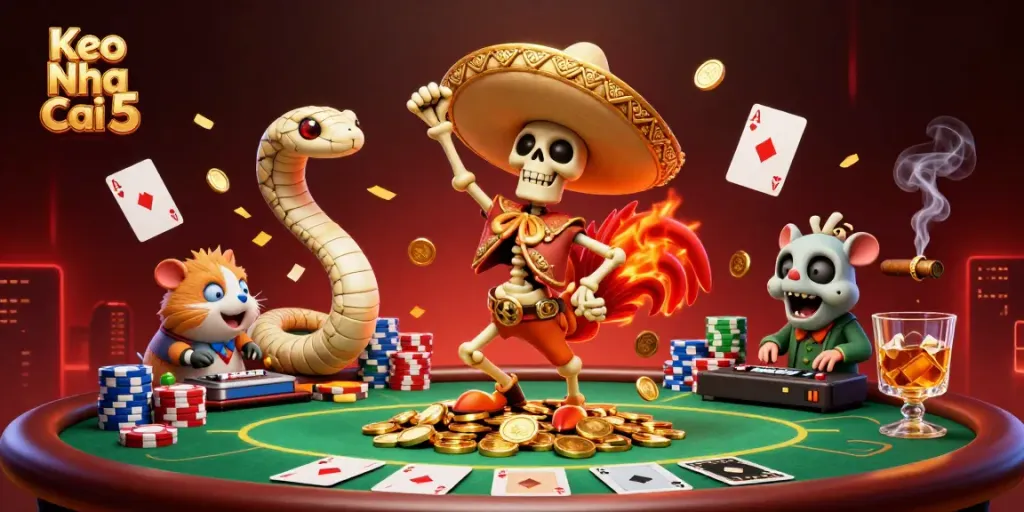 Betting scene featuring Keo Nha Cai 5 with vibrant characters celebrating on poker-themed visuals.