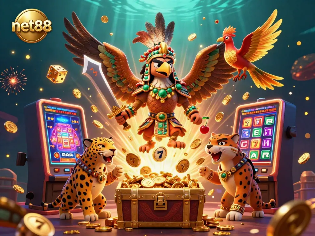 Experience the thrilling atmosphere of net88's casino with an Aztec warrior surrounded by an explosion of gaming elements.