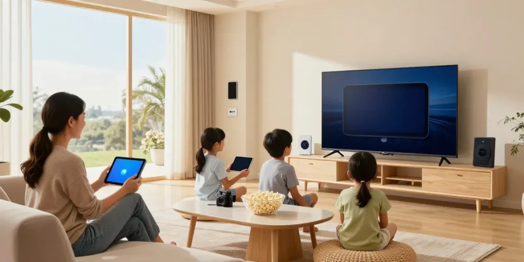 Family enjoying USA IPTV streaming on multiple devices in a cozy living room.